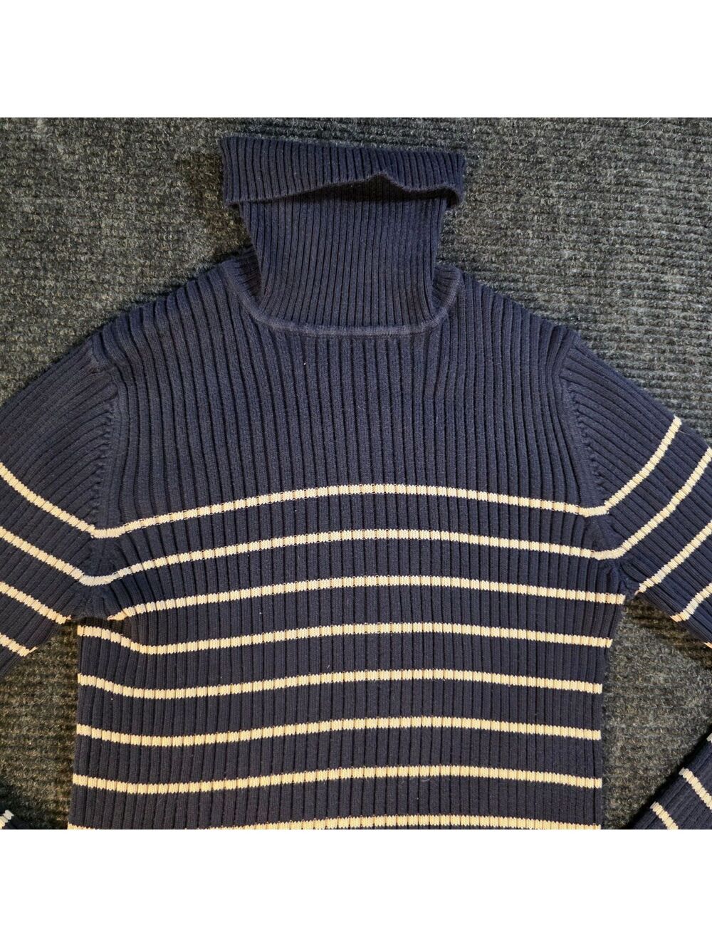 Eddie Bauer Stretch Navy Blue and White Striped Turtleneck Sweater Medium